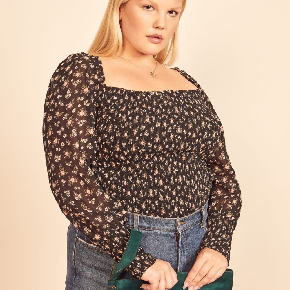 Reformation Pinto Smocked Floral Print Top in Black Freesia 1X